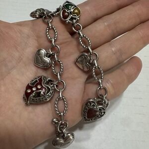 Brighton SilverTone Enamel Toggle Love Laugh Heart Of Hope Red Charm Bracelet 8"